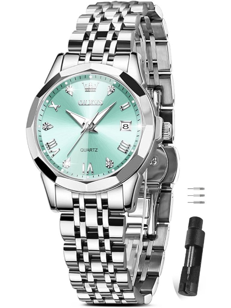 Womens Mint Green Diamond Silver Stainless Steel Waterproof Elegant Luxury Watch